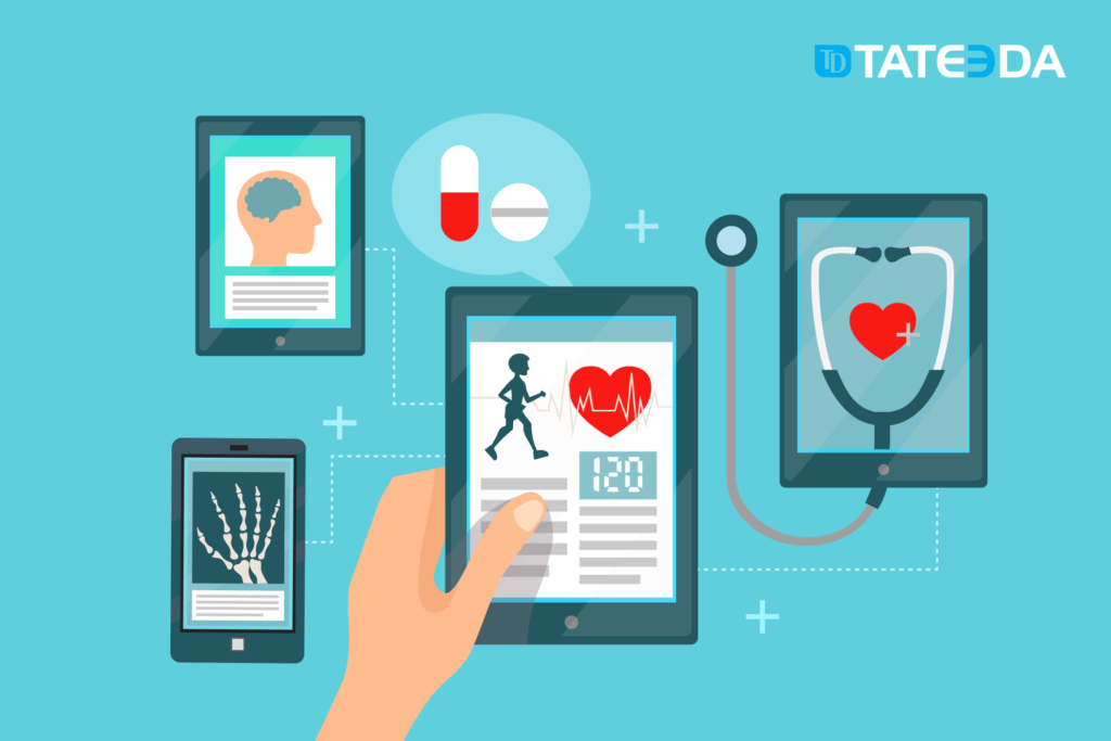 Medical mobile apps can include virtual conferencing and remote patient health-monitoring to allow patients and their care providers to cooperate despite a distance between them. | TATEEDA