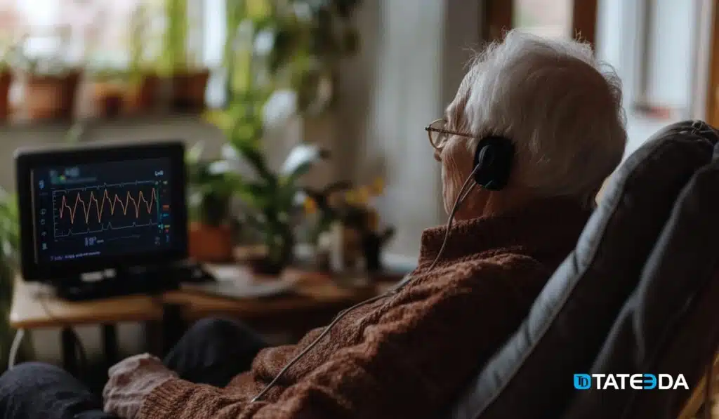Aged patient is using telemonitoring tools and biosensors to capture their cardiogram and transmit it to their healthcare providers | TATEEDA 