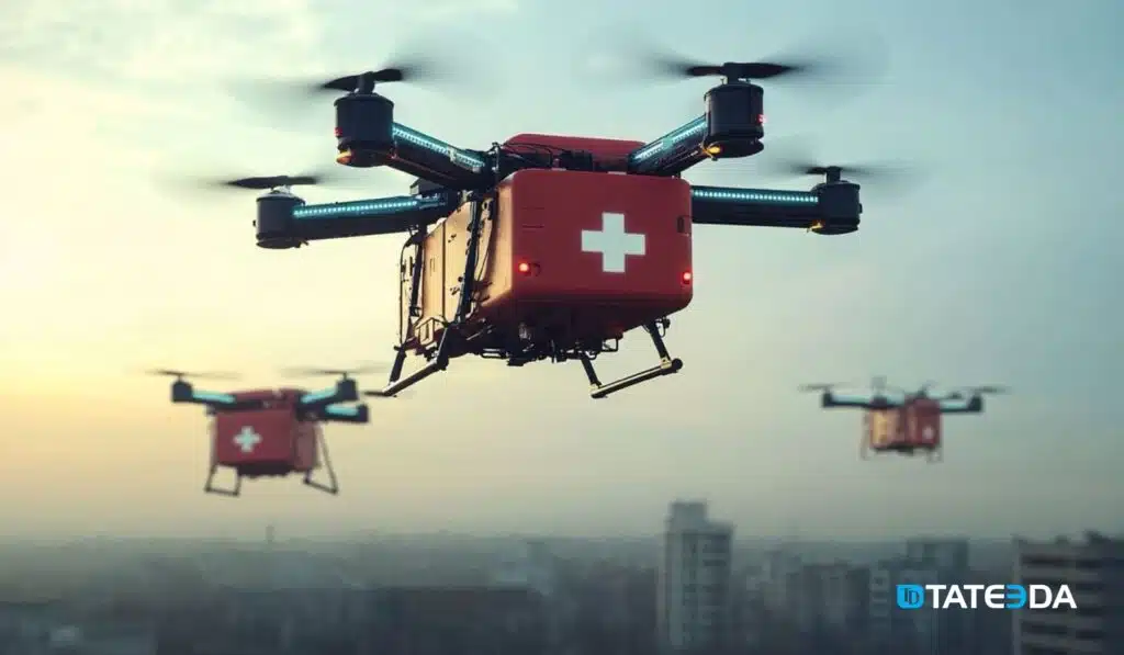 A futuristic vision of medical drones delivering medications and equipment in automatic navigation mode. | TATEEDA