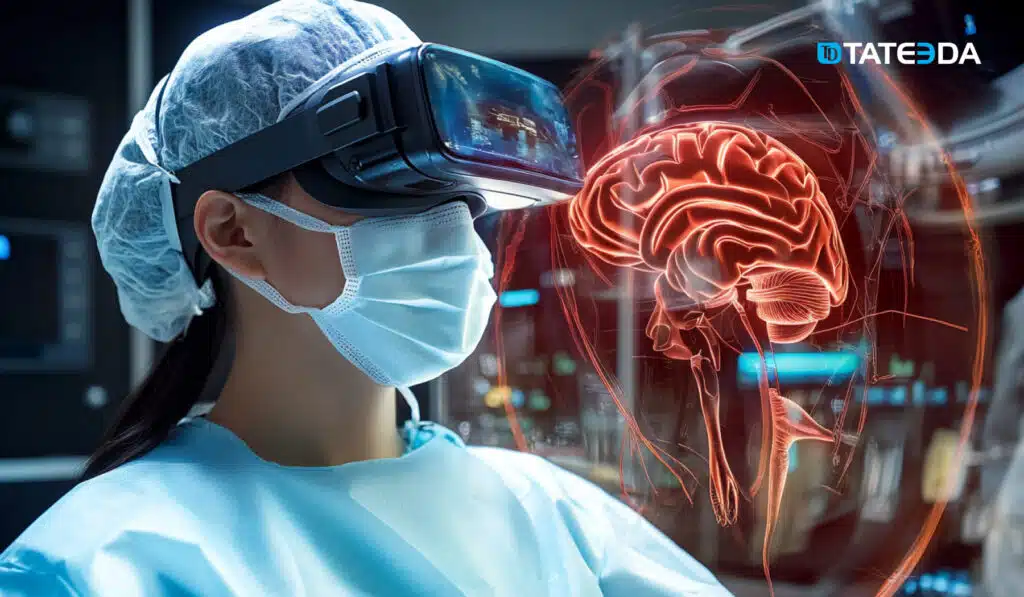 A female medical student uses a VR/AR headset to study anatomy. | TATEEDA