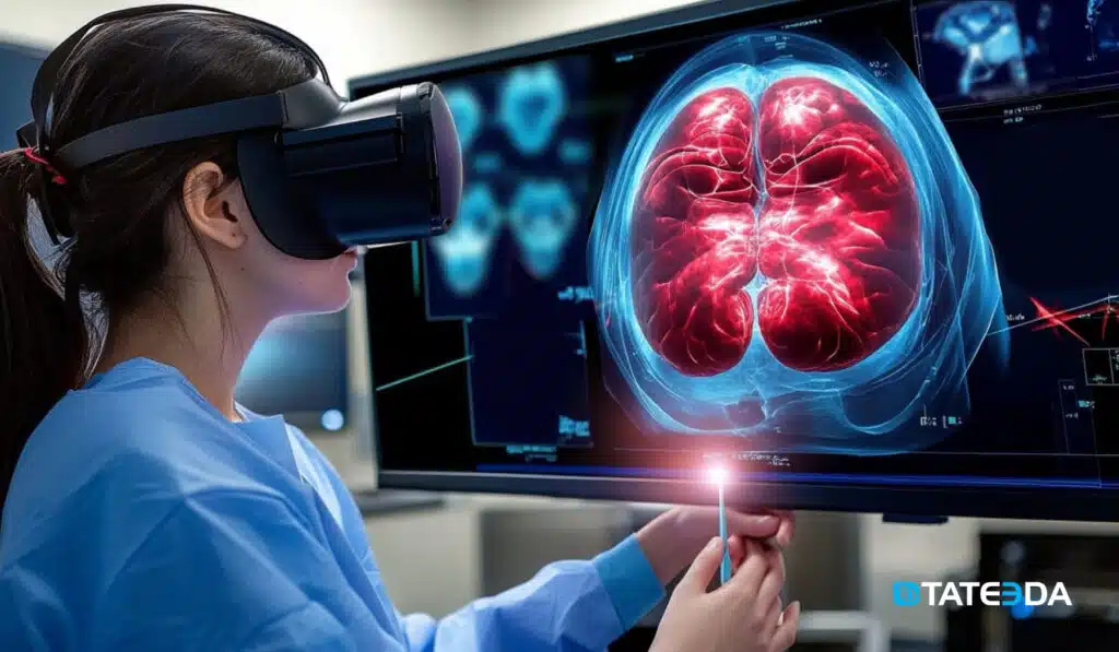 A conceptual image depicts a medical specialist using VR/AR goggles to examine a futuristic 3D scan of a patient for diagnostic purposes. | TATEEDA