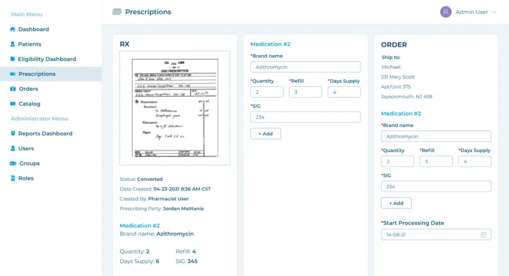 Telepharmacy software system by TATEEDA: eRx recognition and order processing automation interface